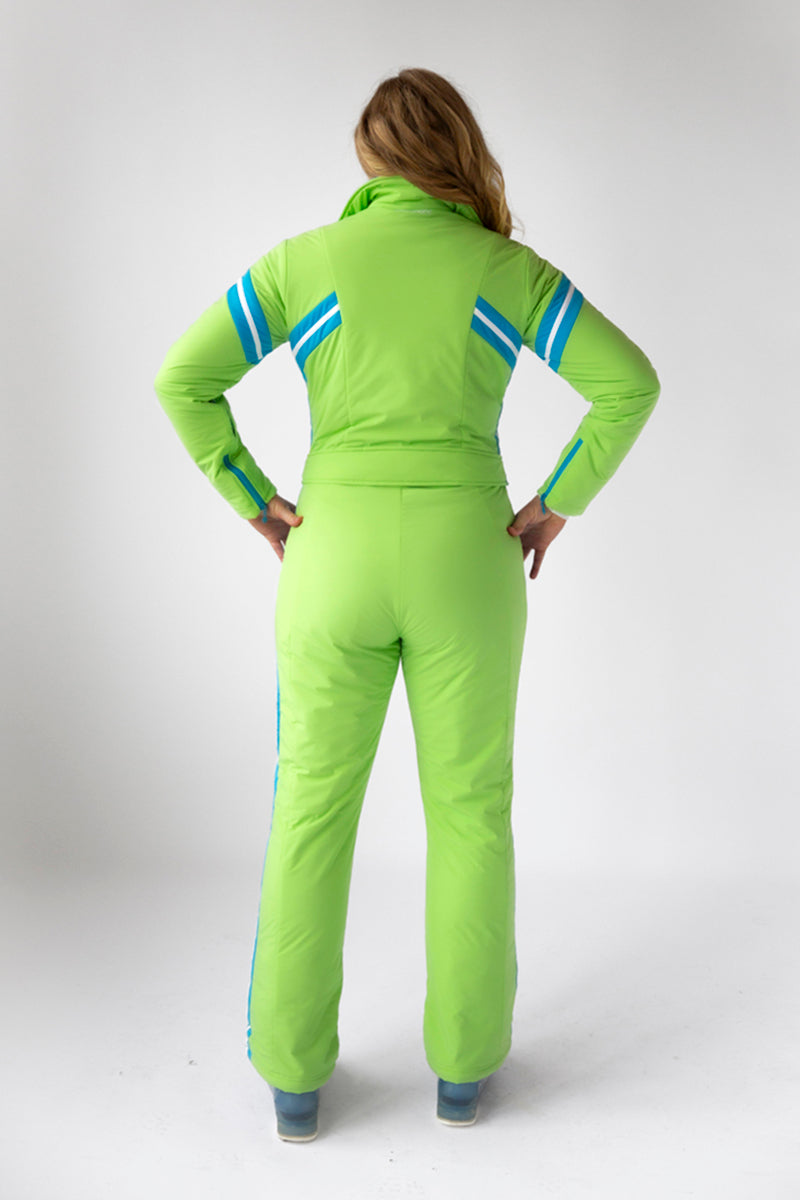 back view model wearing tara shakti one-piece ski suit Alex variant green light blue (7313802461368)