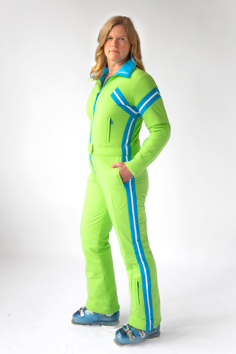 side view model wearing tara shakti one-piece ski suit Alex variant green light blue (7313802461368)