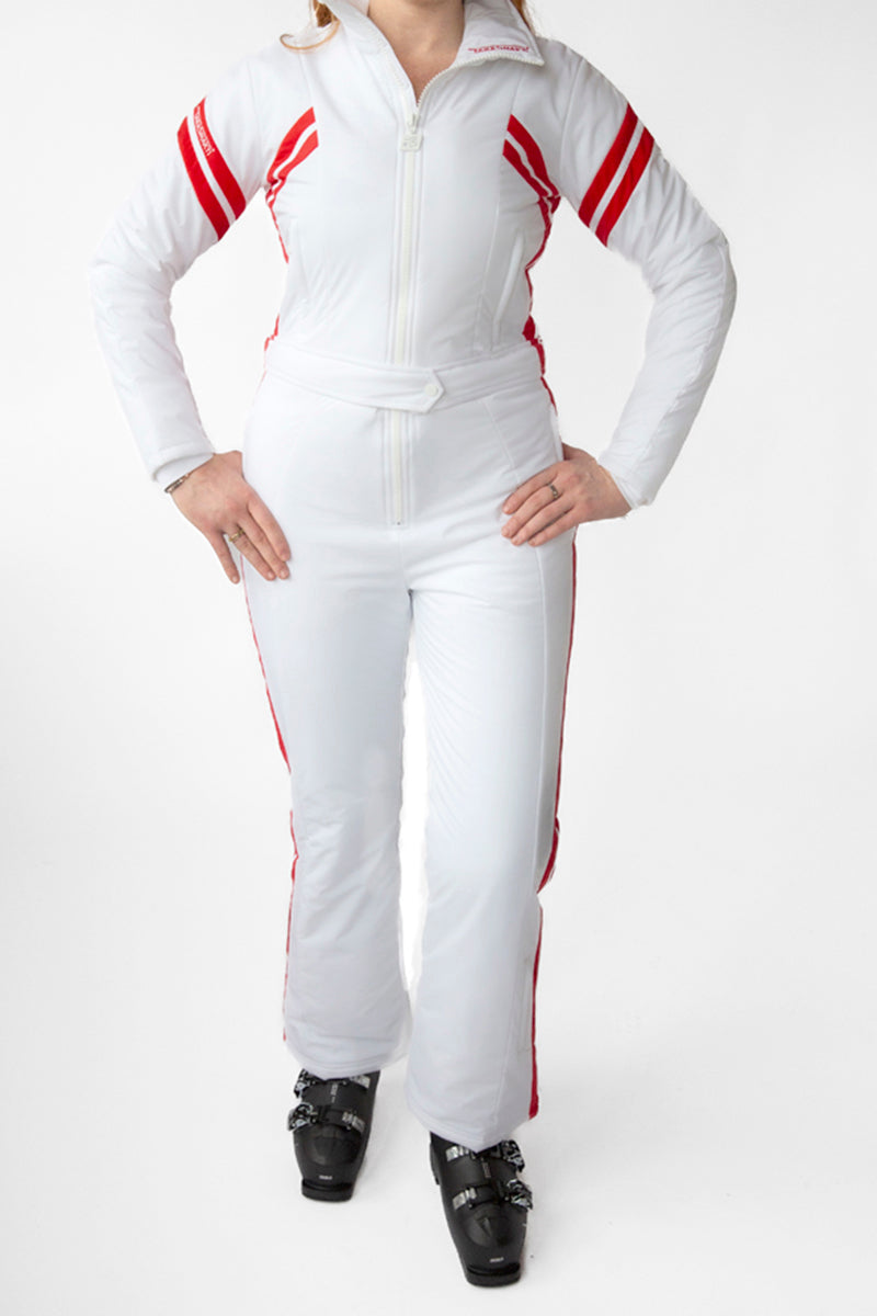 front view model wearing tara shakti one-piece ski suit Amy variant red white