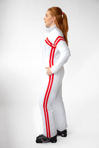 side view model wearing tara shakti one-piece ski suit Amy variant red white (6777030508728)