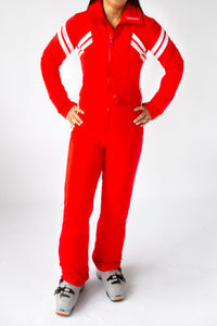 front view model wearing tara shakti one-piece ski suit farrah variant red white (7313799938232)