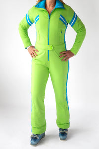 front view model wearing tara shakti one-piece ski suit alex variant green light blue (7313802461368)
