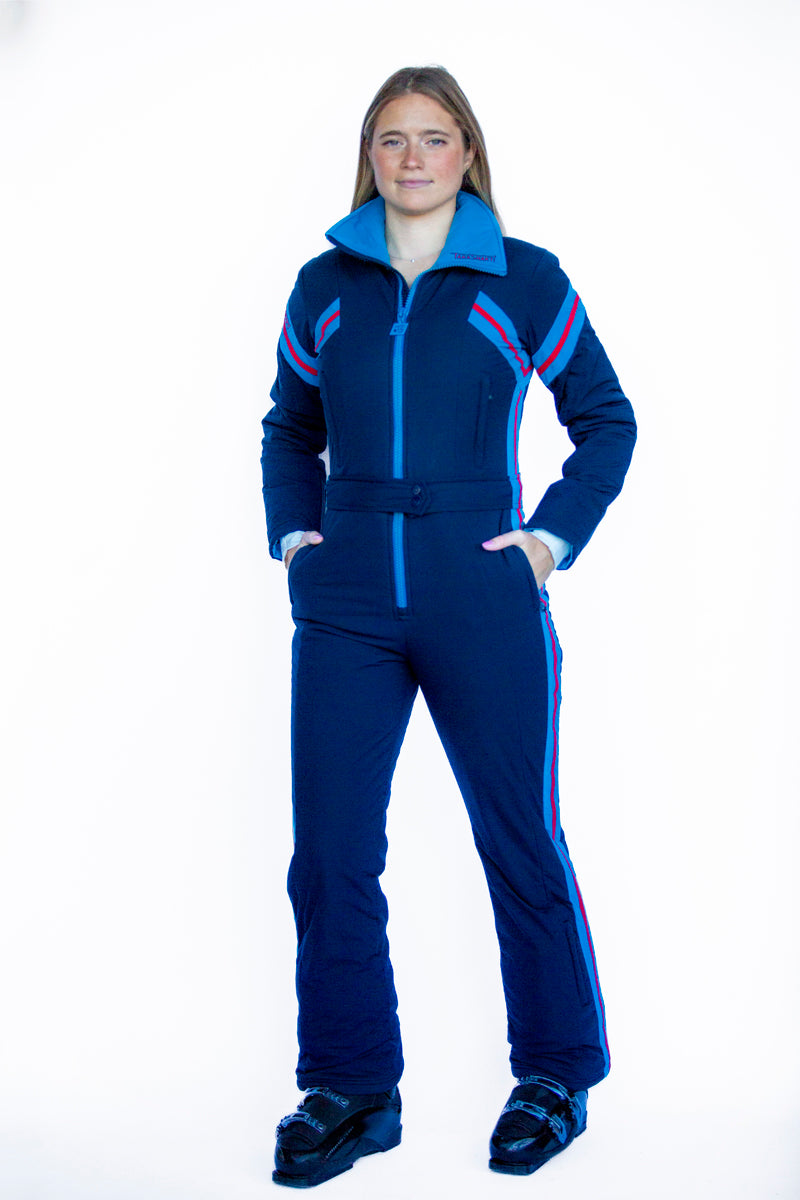 front view model wearing tara shakti one-piece ski suit bonnie variant dark blue red (7232644907192)