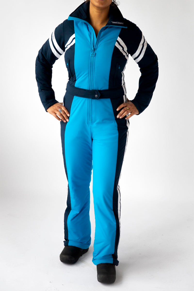 front view model wearing tara shakti one-piece ski suit dylan variant dark light blue  (7313802690744)