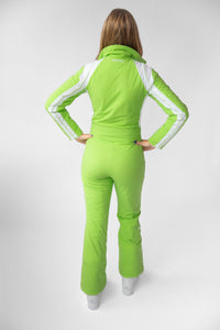 back view model wearing tara shakti one-piece ski suit florence variant green white (7232647233720)