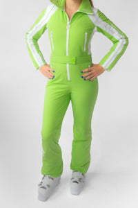 front view model wearing tara shakti one-piece ski suit florence variant green white