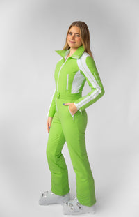 side view model wearing tara shakti one-piece ski suit florence variant green white