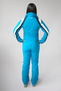back view model wearing tara shakti one-piece ski suit tina variant dark light blue  (7232648511672)
