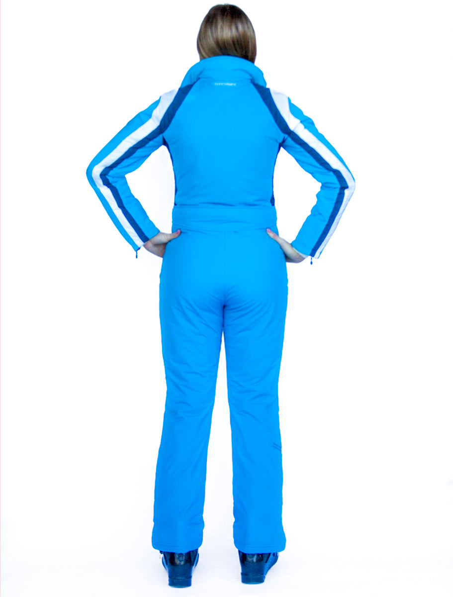 back view model wearing tara shakti one-piece ski suit Tina variant light blue white (7232648511672)